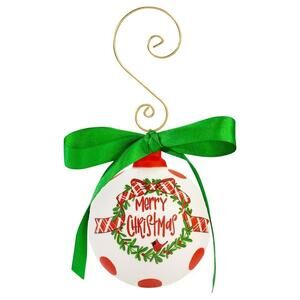Merry Christmas Ceramic Ball Ornament Red Green Handpainted